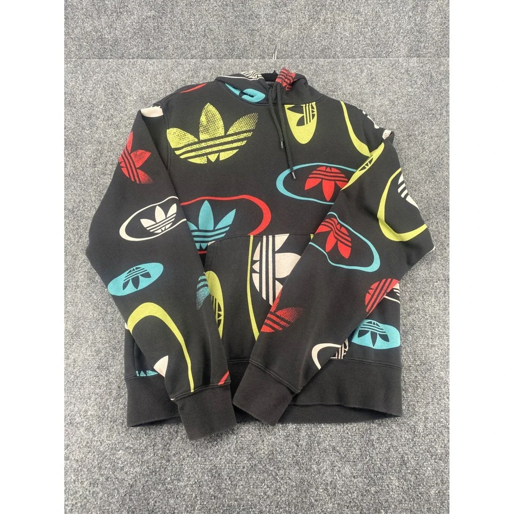 Adidas Originals Trefoil AOP Hoodie Mens Medium Black Multi Color Logo Pullover